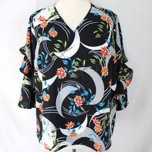 Alfani Crescent Floral Top Blouse Ruffle3/4 Sleeve